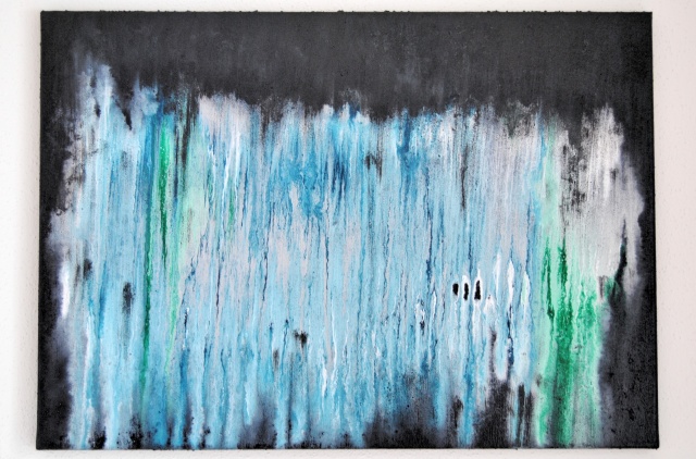 abstrakte Kunst heute, Acrylbild aus der Serie running acrylics, blau und türkis auf schwarzem Hintergrund, moderne und abstrakte Kunst, online kaufen bei Saatchi Art Shop