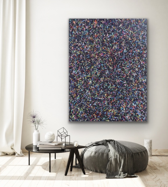 this artwork is part of the series paperwork by Astrid Stoeppel, a german abstract and contemporary artist. colorful paper snippets are fixed on large canvas, a unique and amazing sculpture to color up the wall with modern art