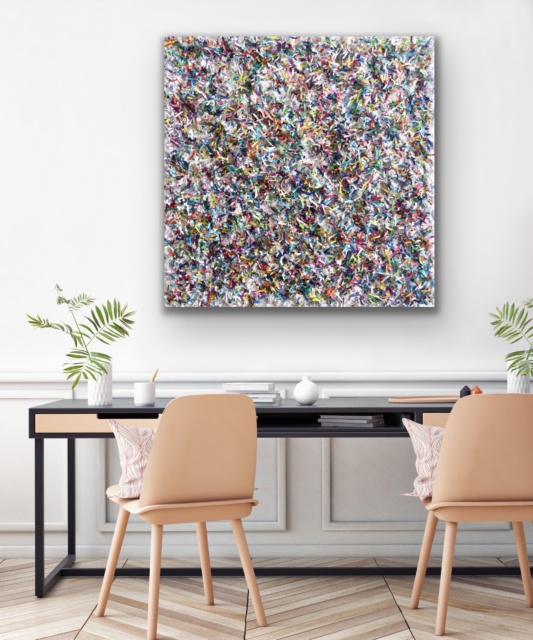 this artwork is part of the series paperwork by Astrid Stoeppel, a german abstract and contemporary artist. colorful paper snippets are fixed on large canvas, a unique and amazing sculpture to color up the wall with modern art