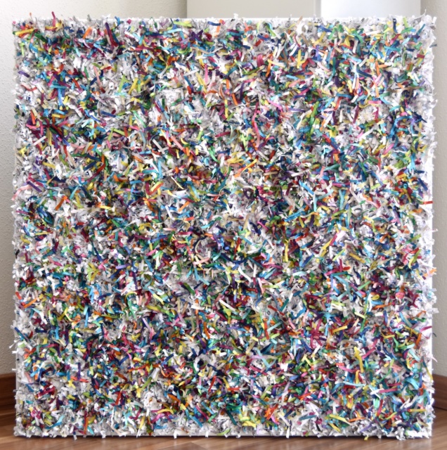 this artwork is part of the series paperwork by Astrid Stoeppel, a german abstract and contemporary artist. colorful paper snippets are fixed on large canvas, a unique and amazing sculpture to color up the wall with modern art