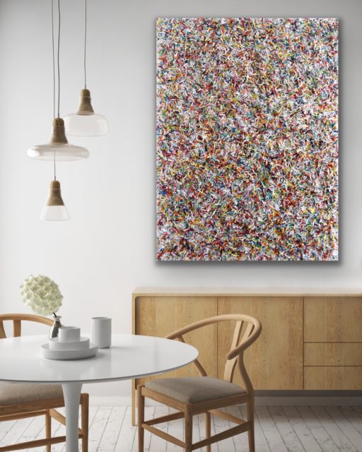 this artwork is part of the series paperwork by Astrid Stoeppel, a german abstract and contemporary artist. colorful paper snippets are fixed on large canvas, a unique and amazing sculpture to color up the wall with modern art
