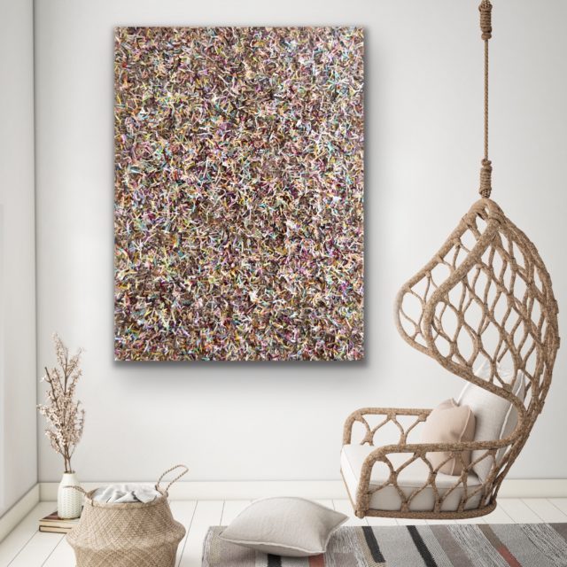 this artwork is part of the series paperwork by Astrid Stoeppel, a german abstract and contemporary artist. colorful paper snippets are fixed on large canvas, a unique and amazing sculpture to color up the wall with modern art