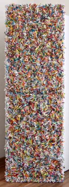 this artwork is part of the series paperwork by Astrid Stoeppel, a german abstract and contemporary artist. colorful paper snippets are fixed on large canvas, a unique and amazing sculpture to color up the wall with modern art