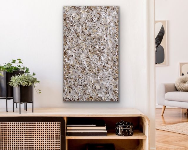 this artwork is part of the series paperwork by Astrid Stoeppel, a german abstract and contemporary artist. colorful paper snippets are fixed on large canvas, a unique and amazing sculpture to color up the wall with modern art