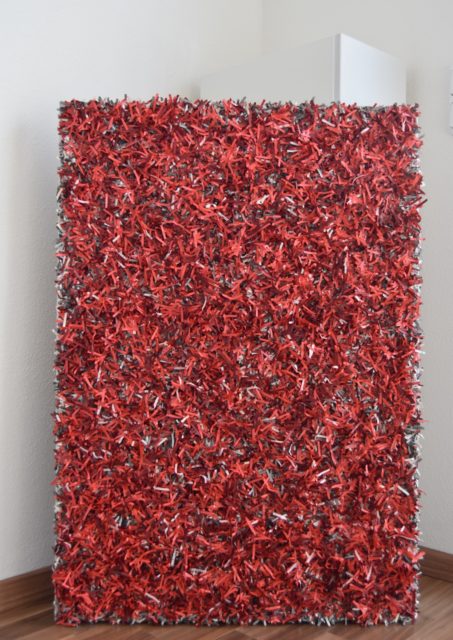 this artwork is part of the series paperwork by Astrid Stoeppel, a german abstract and contemporary artist. colorful paper snippets are fixed on large canvas, a unique and amazing sculpture to color up the wall with modern art