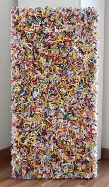 this artwork is part of the series paperwork by Astrid Stoeppel, a german abstract and contemporary artist. colorful paper snippets are fixed on large canvas, a unique and amazing sculpture to color up the wall with modern art