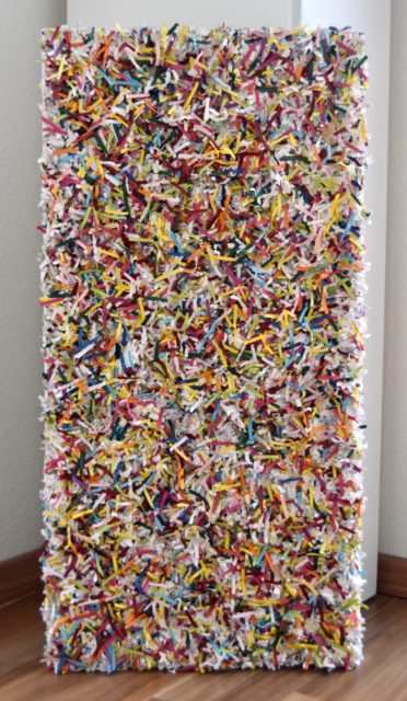 this artwork is part of the series paperwork by Astrid Stoeppel, a german abstract and contemporary artist. colorful paper snippets are fixed on large canvas, a unique and amazing sculpture to color up the wall with modern art