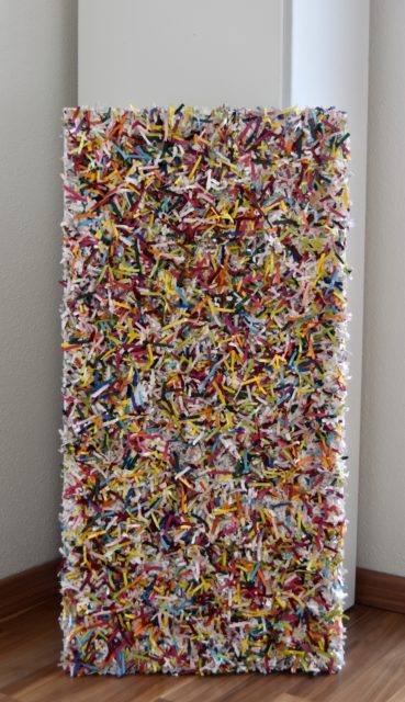this artwork is part of the series paperwork by Astrid Stoeppel, a german abstract and contemporary artist. colorful paper snippets are fixed on large canvas, a unique and amazing sculpture to color up the wall with modern art
