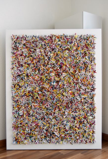 this artwork is part of the series paperwork by Astrid Stoeppel, a german abstract and contemporary artist. colorful paper snippets are fixed on large canvas, a unique and amazing sculpture to color up the wall with modern art