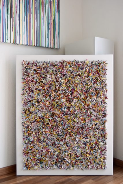 this artwork is part of the series paperwork by Astrid Stoeppel, a german abstract and contemporary artist. colorful paper snippets are fixed on large canvas, a unique and amazing sculpture to color up the wall with modern art