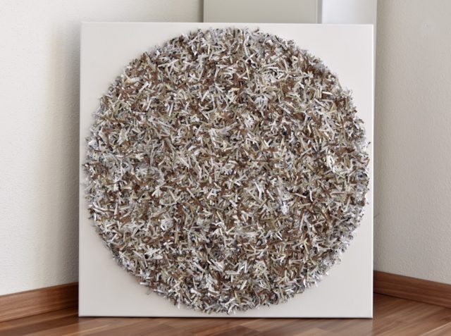 this artwork is part of the series paperwork by Astrid Stoeppel, a german abstract and contemporary artist. colorful paper snippets are fixed on large canvas, a unique and amazing sculpture to color up the wall with modern art