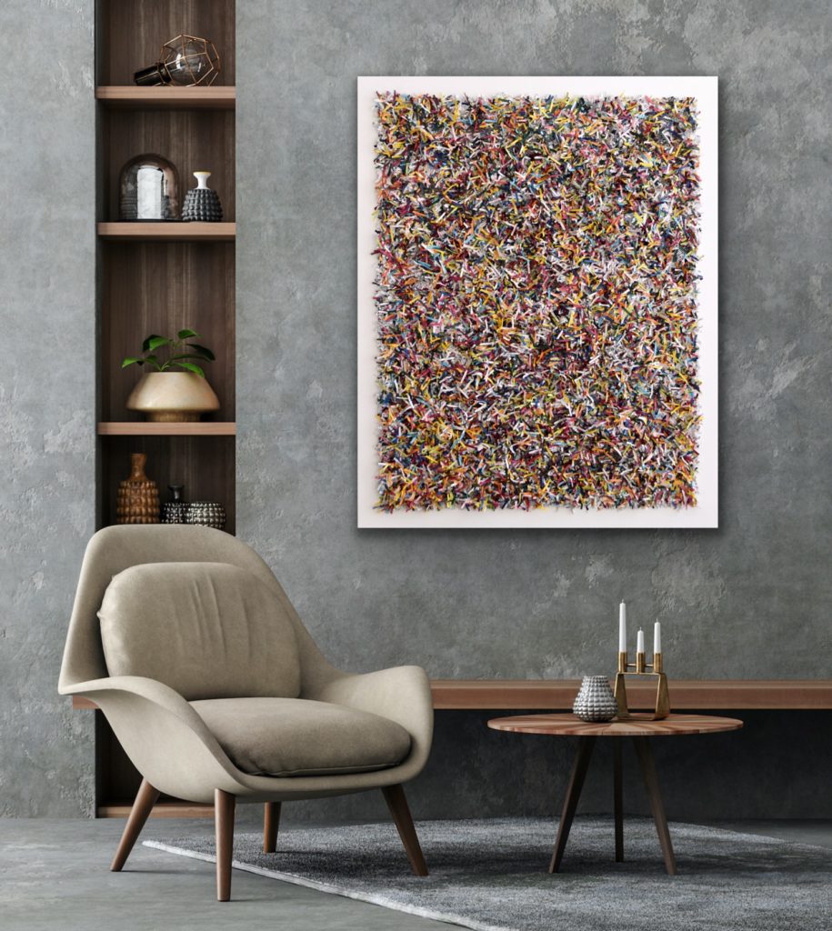 this artwork is part of the series paperwork by Astrid Stoeppel, a german abstract and contemporary artist. colorful paper snippets are fixed on large canvas, a unique and amazing sculpture to color up the wall with modern art