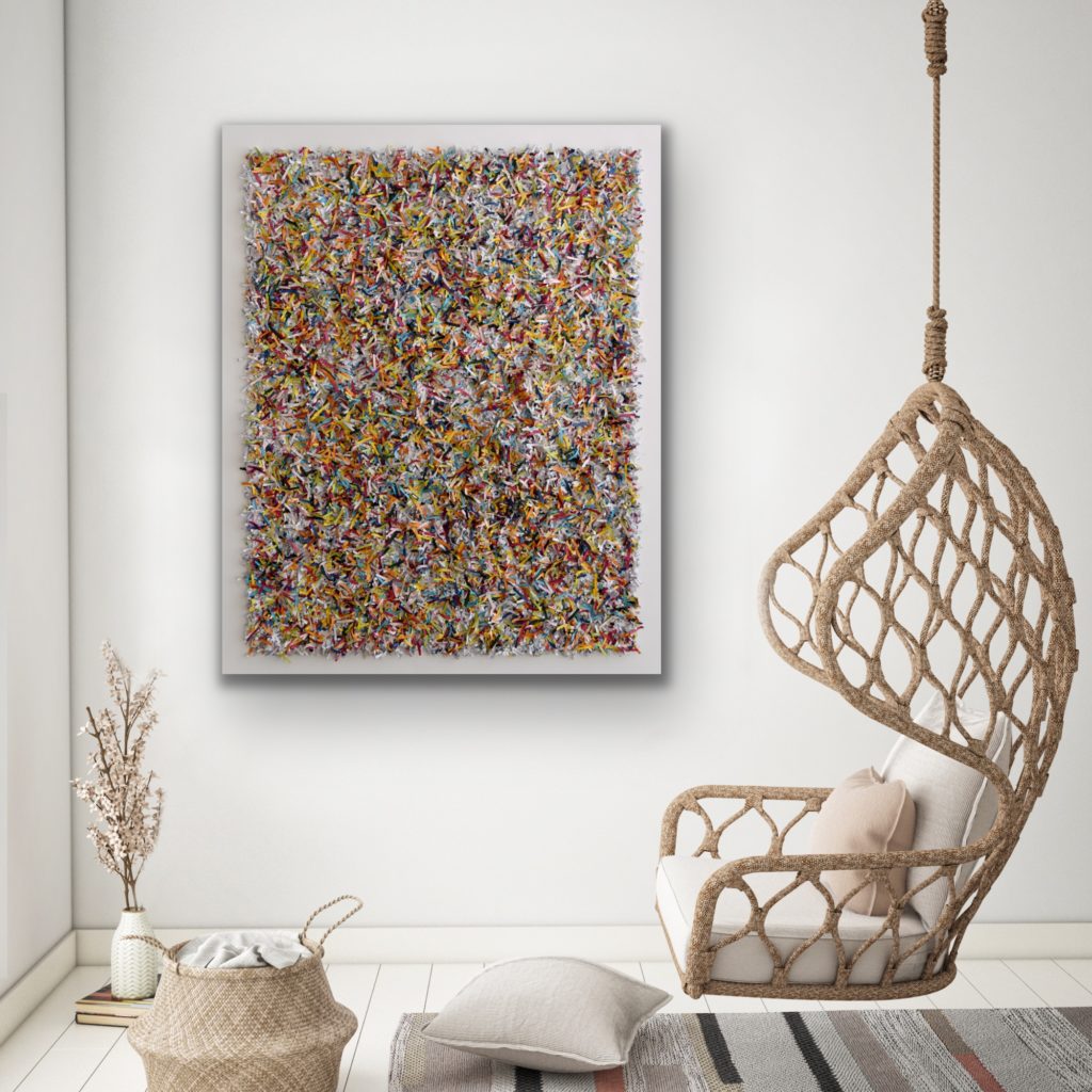 this artwork is part of the series paperwork by Astrid Stoeppel, a german abstract and contemporary artist. colorful paper snippets are fixed on large canvas, a unique and amazing sculpture to color up the wall with modern art