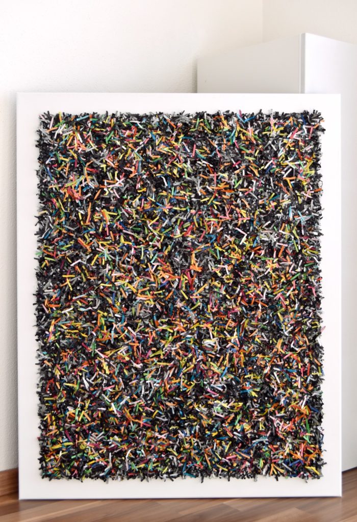 this artwork is part of the series paperwork by Astrid Stoeppel, a german abstract and contemporary artist. colorful paper snippets are fixed on large canvas, a unique and amazing sculpture to color up the wall with modern art