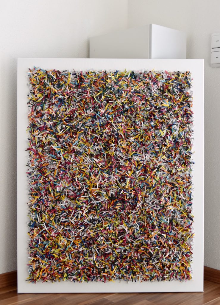 this artwork is part of the series paperwork by Astrid Stoeppel, a german abstract and contemporary artist. colorful paper snippets are fixed on large canvas, a unique and amazing sculpture to color up the wall with modern art