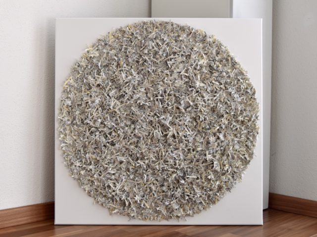 this artwork is part of the series paperwork by Astrid Stoeppel, a german abstract and contemporary artist. colorful paper snippets are fixed on large canvas, a unique and amazing sculpture to color up the wall with modern art