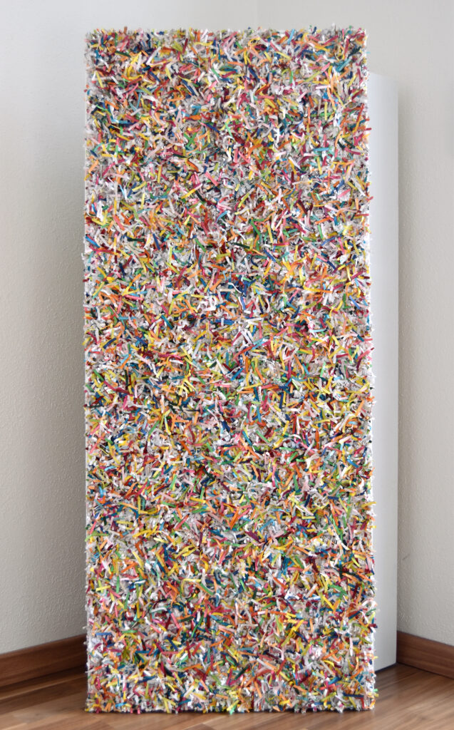 this artwork is part of the series paperwork by Astrid Stoeppel, a german abstract and contemporary artist. colorful paper snippets are fixed on large canvas, a unique and amazing sculpture to color up the wall with modern art