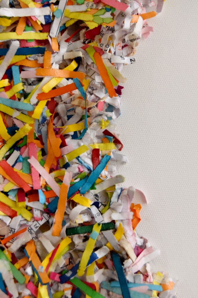 this artwork is part of the series paperwork by Astrid Stoeppel, a german abstract and contemporary artist. colorful paper snippets are fixed on large canvas, a unique and amazing sculpture to color up the wall with modern art