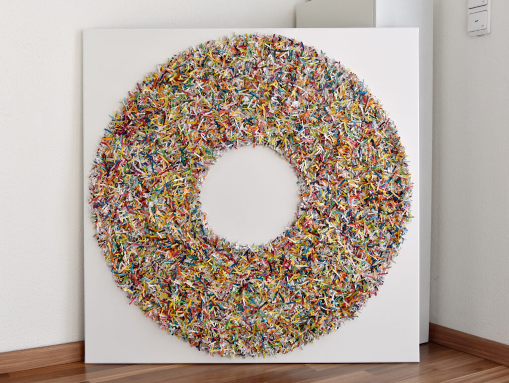 this artwork is part of the series paperwork by Astrid Stoeppel, a german abstract and contemporary artist. colorful paper snippets are fixed on large canvas, a unique and amazing sculpture to color up the wall with modern art