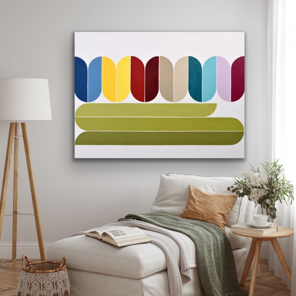 Dive into a vibrant world of abstract art with a masterpiece that embodies timeless luxury. This colorful acrylic painting infuses modern minimalism with bursts of bold hues, creating a piece that speaks to the soul. Each brushstroke reflects the artist's passion and invites you to invest in a captivating journey of expression and creativity by Astrid Stoeppel