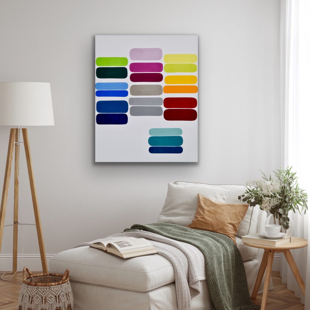 Dive into a vibrant world of abstract art with a masterpiece that embodies timeless luxury. This colorful acrylic painting infuses modern minimalism with bursts of bold hues, creating a piece that speaks to the soul. Each brushstroke reflects the artist's passion and invites you to invest in a captivating journey of expression and creativity by Astrid Stoeppel