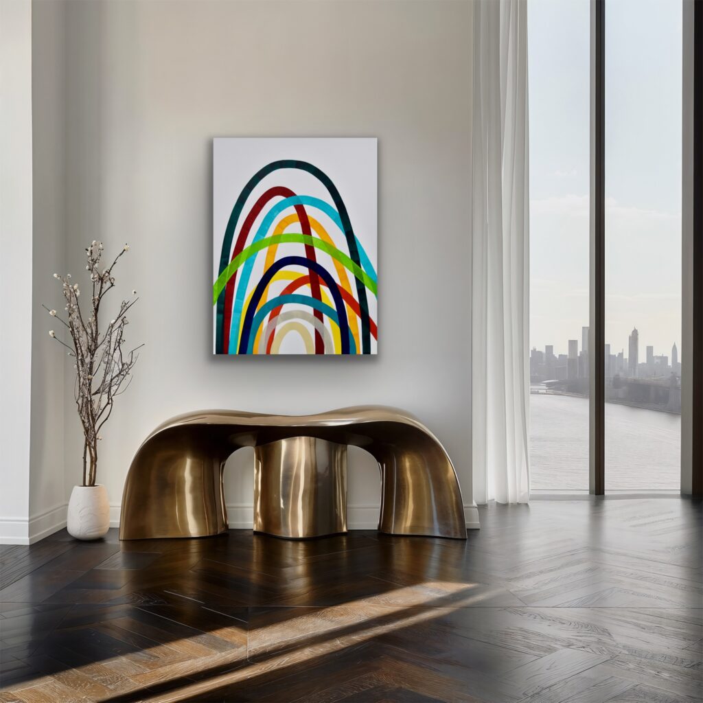 Dive into a vibrant world of abstract art with a masterpiece that embodies timeless luxury. This colorful acrylic painting infuses modern minimalism with bursts of bold hues, creating a piece that speaks to the soul. Each brushstroke reflects the artist's passion and invites you to invest in a captivating journey of expression and creativity by Astrid Stoeppel