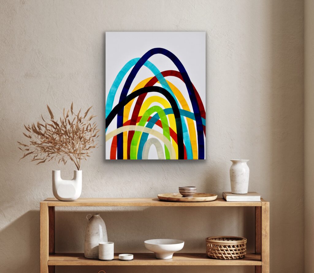 Dive into a vibrant world of abstract art with a masterpiece that embodies timeless luxury. This colorful acrylic painting infuses modern minimalism with bursts of bold hues, creating a piece that speaks to the soul. Each brushstroke reflects the artist's passion and invites you to invest in a captivating journey of expression and creativity by Astrid Stoeppel