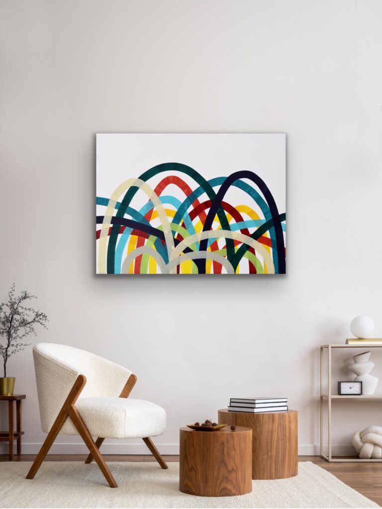 Dive into a vibrant world of abstract art with a masterpiece that embodies timeless luxury. This colorful acrylic painting infuses modern minimalism with bursts of bold hues, creating a piece that speaks to the soul. Each brushstroke reflects the artist's passion and invites you to invest in a captivating journey of expression and creativity by Astrid Stoeppel