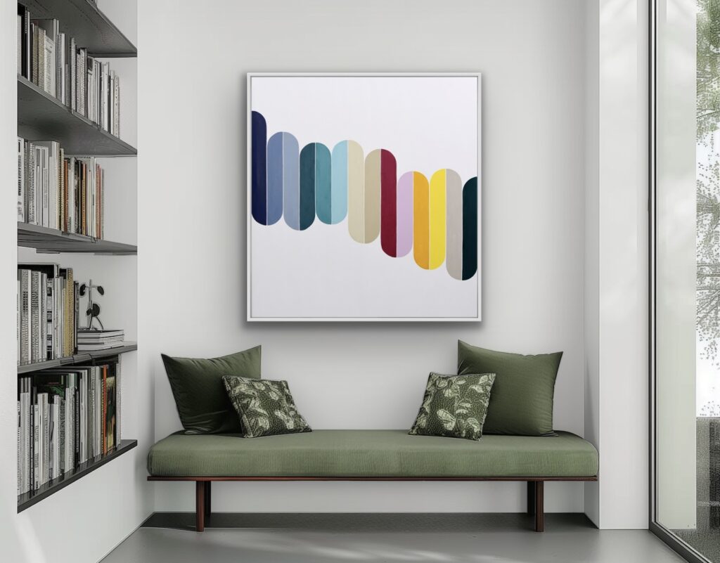 The first collection brings together selected paintings from the past thirteen years. Each artwork marks an important step in my artistic development and reflects my ongoing exploration of colour, balance and visual rhythm. My paintings are inspired by the emotional power of colour. I am fascinated by how the same colours can create entirely different atmospheres simply through composition, proportion and movement. Working with geometric forms and carefully balanced compositions allows me to create artworks that invite viewers to slow down, observe and discover new relationships between colour and space.